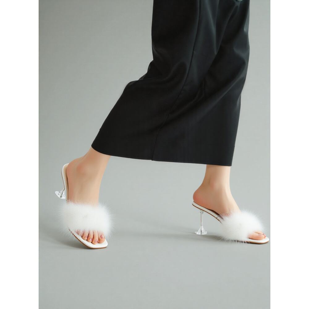 Women Sandals LIURUIJIA Women Square‎ Toe Faux Fur Sandals Size 40 (8.5) White
